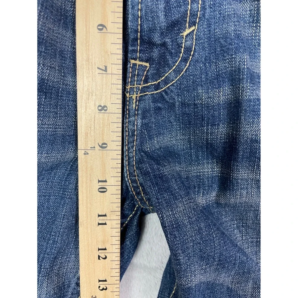 American Eagle Jeans Men Size 34 Low Rise Boot Cut Blue Denim Distressed Casual